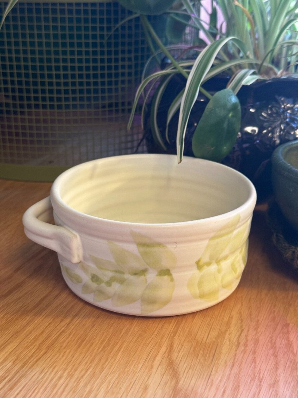 Hilborn Pottery Small Serving Bowl with Handle, Fern Motif, Vintage Circa 1990s
